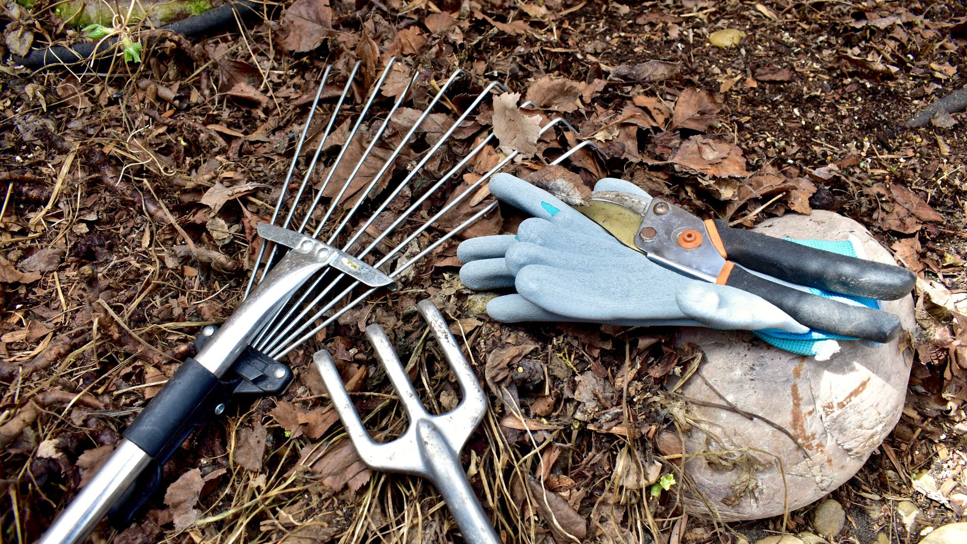 Garden tools on ground with fallen leaves and gardening gloves