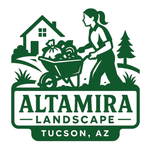 Altamira Landscape logo with gardener pushing wheelbarrow near house